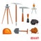 Geological or mining industry equipment, geodetic instruments and tools vector Illustration on a white background