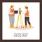 Geologist field work composition with man and woman taking geodetic measurements of earth surface vector cartoon poster