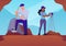 Geologist people in caps working outdoor flat style, vector illustration