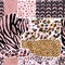 Geometric background with leopard spotted fur imitation, zebra stripes, creative wild cat rosettes in brazen golden foil pastel