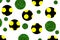 Geometric circles. Yellow, black spheres. Green balls with elements of grass. Abstract background