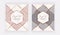 Geometric cover design with pink and gray triangular shapes and golden leafs frames on the marble texture. Template for wedding in
