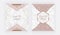 Geometric cover design with pink, nude triangular shapes and golden lines on the marble texture. Template for wedding invitation,