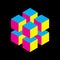 Geometric cube of 8 smaller isometric cubes in CMYK colors. Abstract design element. Science or construction concept. 3D