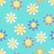 Geometric Daisy Repeating Vector Pattern In White, Orange And Purple On An Aqua Background