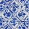 Geometric and floral azulejo tile mosaic pattern on retro portuguese or spanish wall tiles