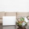 Geometric florarium vase with plants and laptop on table