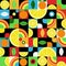 Geometric fruits seamless pattern. Nature abstract berries and cut fruit, mosaic food compositions. Modern bauhaus