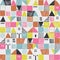 Geometric houses and hand drawn textured shapes seamless pattern. Abstract home background in childish style