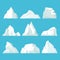 Geometric icebergs set. Floating blocks of ice in arctic ocean massive white surface with underwater hazard polar rock