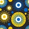 Geometric openwork flowers sunflowers blue and yellow on a black background. Seamless modern pattern.