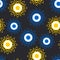 Geometric openwork flowers sunflowers blue and yellow on a black background. Seamless modern pattern.