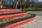 Geometric oval shaped seating bench at park