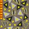 Geometric pattern with black, grey, neon yellow and stripy triangles and orangy reddish rectangles