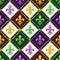 Geometric pattern with fleur de lis symbol. Diagonal square grid.