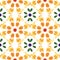 Geometric seamless pattern with fruits - banana, apricot, apple, blueberry and green leaf.