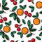 Geometric seamless pattern with the image of oranges, ripe cherries and green leaves. Seamless texture for the design of summer