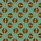 Geometric seamless pattern with ornamental orange circus ball elements. Light blue background. Funny print