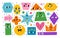 Geometric shapes characters. Basic abstract color figures with cute faces. Educational kids game. Patterned circles and