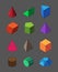 Geometric shapes isometric set. Pyramidal red polygons orange squares and rectangles polyhedral diamond crystals purple