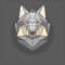 Geometric symmetrical gray wolf from triangles in gray and beige.