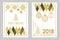 Geometric white and golden Merry Christmas and Happy New Year cards. Snowflakes, fir tree, festive decorations.
