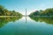 George Washington Monument at end and reflected into the calm long Reflecting Pool line on both sides by trees and parkland on