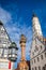 Georges spring pillar and Rathaus building at Marktplatz Rothenburg ob der Tauber Old Town Bavaria Germany