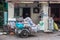 Georgetown, Malaysia - December 11, 2018: a bicycle with a trolley loaded with bags of aluminum cans.