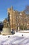 Georgetown University campus square with statue of its founder in Washington DC, USA.