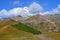 Georgia caucasus mountain landscape during a sunny day. Mount Kazbek is a dormant stratovolcano and one of the major mountains of