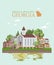 Georgia USA poster with map and church. Peach state vector poster. Travel background in flat style.