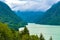 Georgia.View of the Inguri reservoir.Summer cloudy day.Turquoise water.