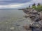 Georgian Bay coastline with Inukshuk statue in the background