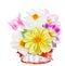 Georgina flowers and pink tulip in white red basket. Bouquet of colorful flowers isolated on white background