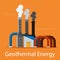 Geothermal flash power plant on an orange background. Energy sources concept. Vector illustration.