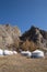 A Ger Camp at the Base of Rugged Mountains