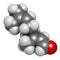 Geranial lemon fragrance molecule. 3D rendering. Atoms are represented as spheres with conventional color coding: hydrogen (white