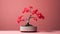 Geranium Bonsai Tree In Wooden Pot With Red Flowers