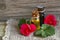 Geranium essential oil in a glass bottle with flowers and leaves of the geraniums plant on wooden table.