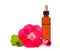 Geranium flowers with bottle with essence