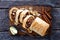 German apple strudel on a cutting board, top view