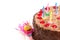 German Chocolate Birthday Cake with Candles and Vintage Party Horn