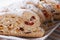 German Christmas fruit bread Stollen sliced, macro