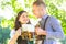 German couple in Tracht drinking beer
