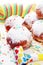 German donuts with jam and icing sugar. Carnival powdered sugar raised donuts