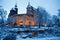 German fairytale castle in winter landscape. Castle Romrod in Hessen, Germany