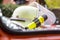 German fireman helmet with a yellow lamp