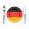 German Food or Cuisine Concept. Fork, Knife and Plate with Germany Flag. 3d Rendering