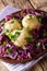 German food knodel potato dumplings and stewed red cabbage close